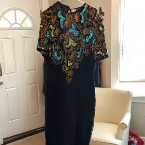 Vintage Beaded Black Dress Open Back Size M